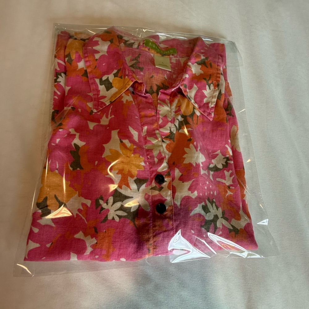 Sigrid Olsen 3/4 Sleeve Top Large Pink Orange Floral Linen Split Neck High Low - Picture 16 of 16